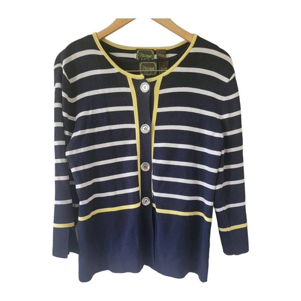 Nicaya Cardigan Twin Set‎ Cardigan Blue White Stripe Sweater LARGE Shell SMALL